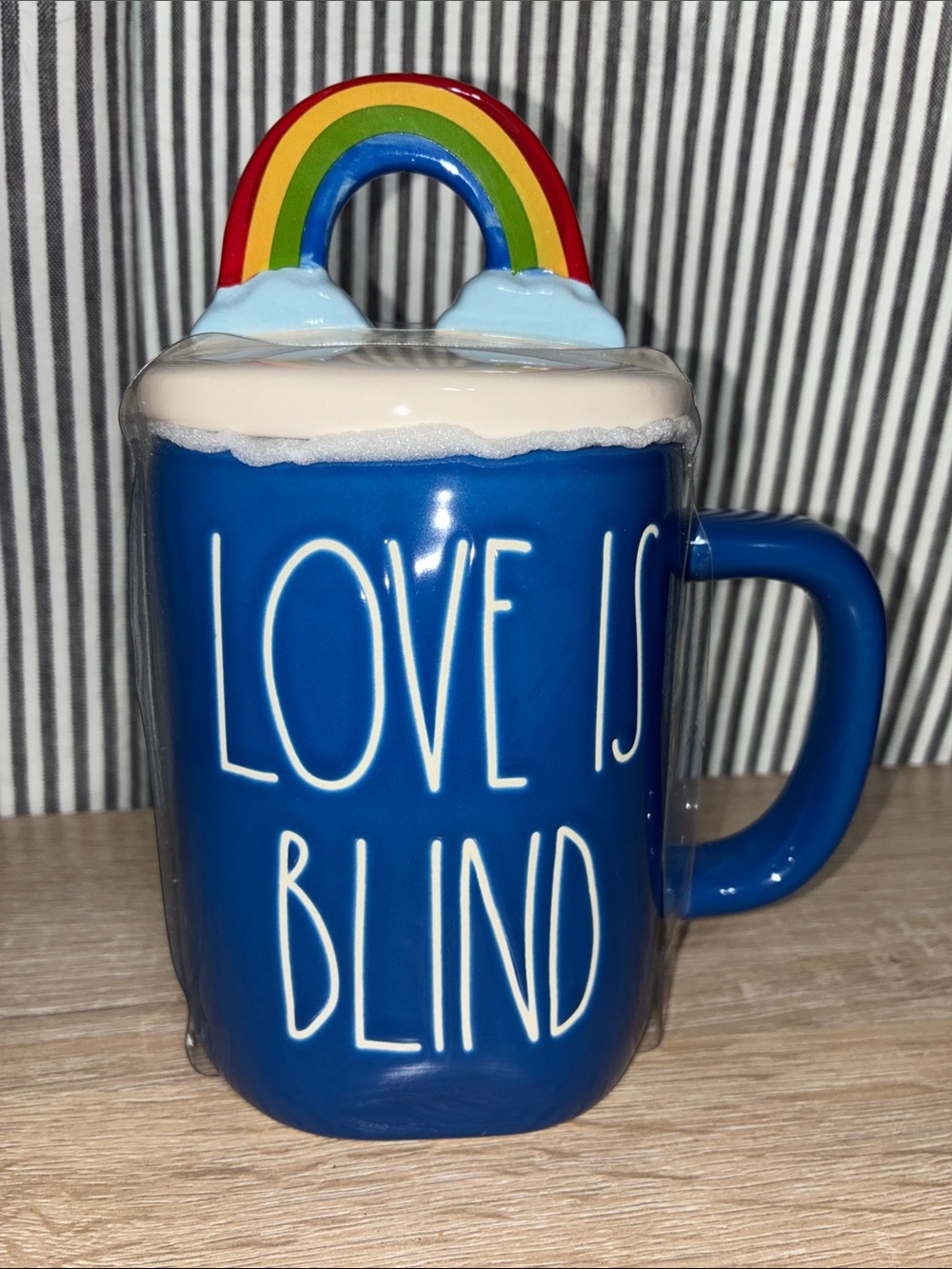 Rae Dunn “Love is Blind” Mug with Rainbow lid